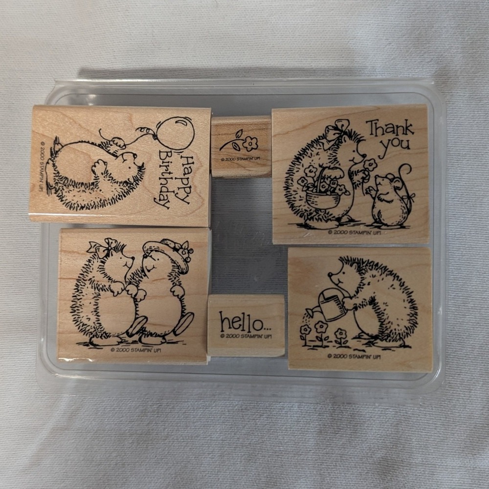 Stampin Up 2000 Hedgehog Happiness Rubber Stamps Set 6 Wood Mounted Craft